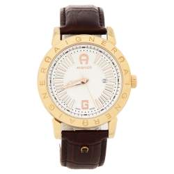 Aigner Silver Gold Plated Stainless Steel Leather Cortina A26000 Men's Wristwatch 42 mm