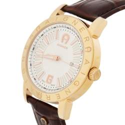 Aigner Silver Gold Plated Stainless Steel Leather Cortina A26000 Men's Wristwatch 42 mm