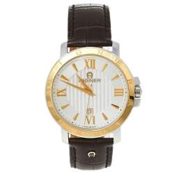 Pre Owned Aigner Silver Two-Tone Stainless Steel Leather Triento A09000 Men's Wristwatch 42 mm