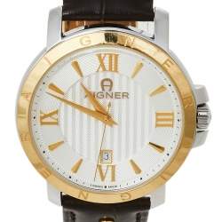 Aigner Silver Two-Tone Stainless Steel Leather Triento A09000 Men's Wristwatch 42 mm