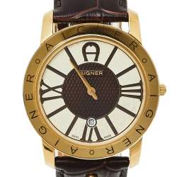 Pre Owned Aigner Brown Gold Tone Stainless Steel and Leather Murano A35100 Men's Wristwatch 40MM