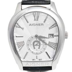 Pre Owned Aigner Silver Stainless Steel Leather Milano A131100 Men's Wristwatch 42 mm