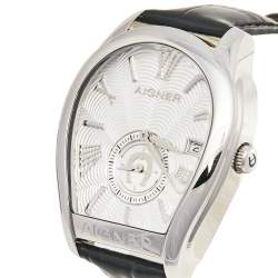 Pre Owned Aigner Silver Stainless Steel Leather Milano A131100 Men's Wristwatch 42 mm