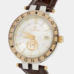 Pre Owned Aigner Silver Two Tone Stainless Steel Leather Murano A35100 Men's Wristwatch 40 mm