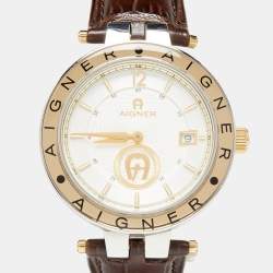 Pre Owned Aigner Silver Two Tone Stainless Steel Leather Murano A35100 Men's Wristwatch 40 mm