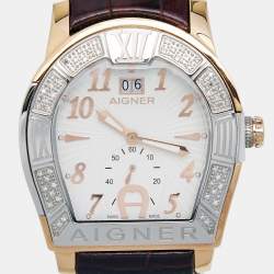 Pre Owned Aigner White Two Tone Stainless Steel Embossed Leather Diamond Roma A38100 Men's Wristwatch 45 MM