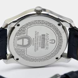 Pre Owned Aigner Silver Stainless Steel Leather Lazio A42000 Men's Wristwatch 44 mm