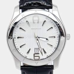 Pre Owned Aigner Silver Stainless Steel Leather Lazio A42000 Men's Wristwatch 44 mm