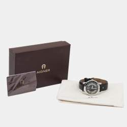 Pre Owned Aigner Black Stainless Steel Leather Cortina A26000 Men's Wristwatch 42 mm