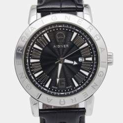 Pre Owned Aigner Black Stainless Steel Leather Cortina A26000 Men's Wristwatch 42 mm