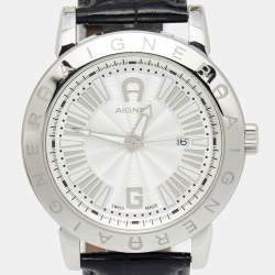 Pre Owned Aigner Silver Stainless Steel Leather Cortina A26000 Men's Wristwatch 42 mm