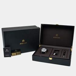 Aigner Black Stainless Steel Leather Treviso A44000 Men's Wristwatch 42 mm Cufflinks and Pen Set 