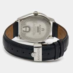 Pre Owned Aigner Silver Stainless Steel Leather Vicenza A111100 Men's Wristwatch 38 mm