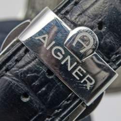 Pre Owned Aigner Silver Stainless Steel Leather Vicenza A111100 Men's Wristwatch 38 mm
