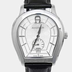 Pre Owned Aigner Silver Stainless Steel Leather Vicenza A111100 Men's Wristwatch 38 mm