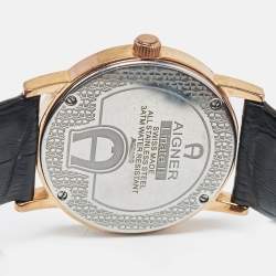 Pre Owned Aigner Silver Rose Gold Plated Stainless Steel Leather Linate II A32100 Men's Wristwatch 38 mm