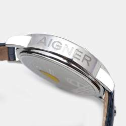 Pre Owned Aigner Silver Stainless Steel Leather Cortina A26000 Men's Wristwatch 41 mm