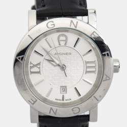 Pre Owned Aigner Silver Stainless Steel Leather Cortina A26000 Men's Wristwatch 41 mm
