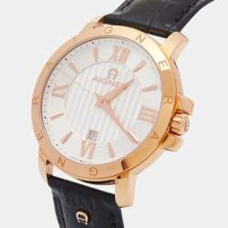 Pre Owned Aigner Silver Gold Tone Stainless Steel Leather Triento A09000 Men's Wristwatch 42 mm And Pen Set