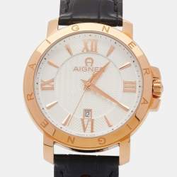 Pre Owned Aigner Silver Gold Tone Stainless Steel Leather Triento A09000 Men's Wristwatch 42 mm And Pen Set