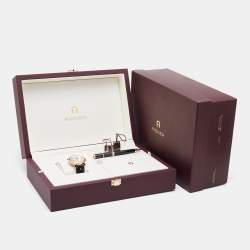 Pre Owned Aigner Silver Gold Tone Stainless Steel Leather Triento A09000 Men's Wristwatch 42 mm And Pen Set