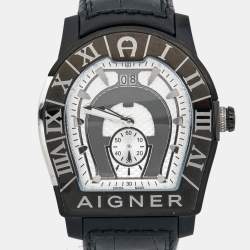 Aigner Silver Two Tone Stainless Steel Leather Roma A38100 Men's Wristwatch 45 mm
