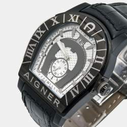 Aigner Silver Two Tone Stainless Steel Leather Roma A38100 Men's Wristwatch 45 mm