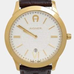Pre Owned Aigner Silver Gold Plated Stainless Steel Leather Treviso A44000 Men's Wristwatch 42 mm 