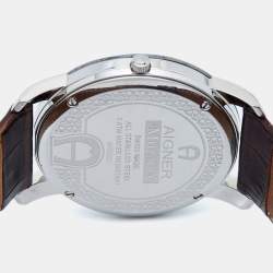 Pre Owned Aigner SIlver/Brown Stainless Steel Leather Murano A36100 Men's Wristwatch 40 mm