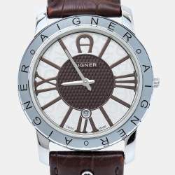Pre Owned Aigner SIlver/Brown Stainless Steel Leather Murano A36100 Men's Wristwatch 40 mm