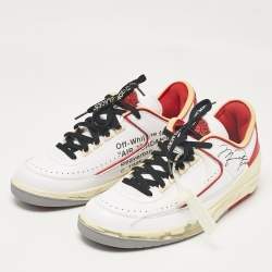 Pre Owned Air Jordans x Off-White White/Red Leather Jordan 2 Retro Low SP Sneakers Size 43