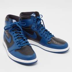 Pre Owned Air Jordans Blue/Black Leather Jordan 1 Retro High OG Dark Marina Blue Sneakers Size 48.5