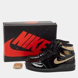 Air Jordans Black Patent Leather Jordan 1 Retro High Black Metallic Gold Sneakers Size 47.5