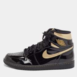 Air Jordans Black Patent Leather Jordan 1 Retro High Black Metallic Gold Sneakers Size 47.5