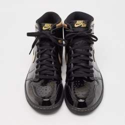 Air Jordans Black Patent Leather Jordan 1 Retro High Black Metallic Gold Sneakers Size 47.5