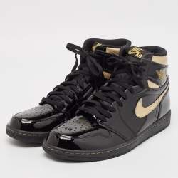 Air Jordans Black Patent Leather Jordan 1 Retro High Black Metallic Gold Sneakers Size 47.5