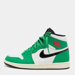 Pre Owned Air Jordans Green/White Leather Jordan 1 Retro High Top Sneakers Size 44.5