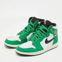 Pre Owned Air Jordans Green/White Leather Jordan 1 Retro High Top Sneakers Size 44.5