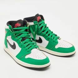 Pre Owned Air Jordans Green/White Leather Jordan 1 Retro High Top Sneakers Size 44.5