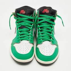 Pre Owned Air Jordans Green/White Leather Jordan 1 Retro High Top Sneakers Size 44.5