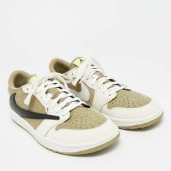 Pre Owned Air Jordans Multicolor Nubuck and Leather Jordan 1 Retro Low Golf Travis Scott Neutral Olive Sneakers Size 44.5