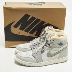 مملوكة مسبقًا حذاء رياضي اير جوردان 1 جلد رمادي وشبكة بعنق مرتفع مقاس 46