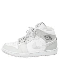 Pre Owned Air Jordan 1 Mid Grey/White Leather Camo Sneakers Size 42.5