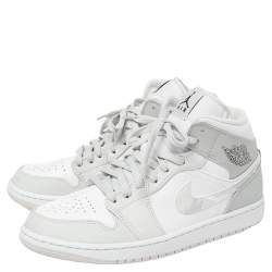 Pre Owned Air Jordan 1 Mid Grey/White Leather Camo Sneakers Size 42.5
