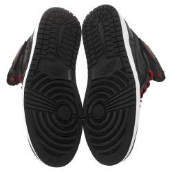 Pre Owned Nike Black/Red Leather And Fabric Air Jordan 1 Retro High Top Sneakers Size 42.5