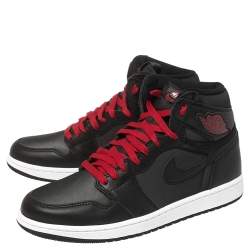 Pre Owned Nike Black/Red Leather And Fabric Air Jordan 1 Retro High Top Sneakers Size 42.5