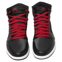 Pre Owned Nike Black/Red Leather And Fabric Air Jordan 1 Retro High Top Sneakers Size 42.5