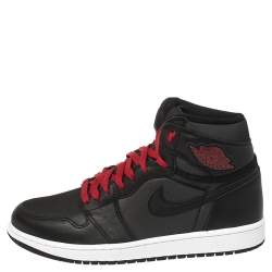 Pre Owned Nike Black/Red Leather And Fabric Air Jordan 1 Retro High Top Sneakers Size 42.5
