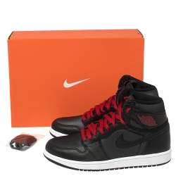 Pre Owned Nike Black/Red Leather And Fabric Air Jordan 1 Retro High Top Sneakers Size 42.5