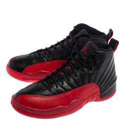 Pre Owned Air Jordan Black/Varsity Red Leather Flu Game Jordan 12 Retro Sneakers Size 42.5